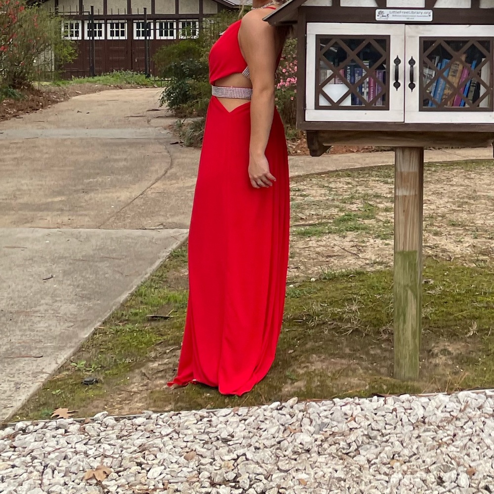 Women’s Minuet Red Open Back Rhinestone Studded Low Cut Homecoming Dress